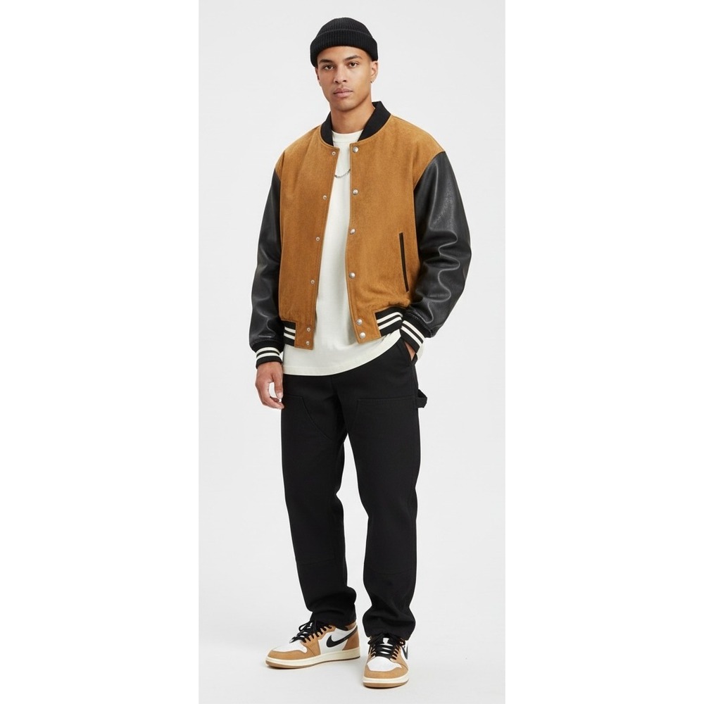 Levi's Boys XXL‎ Varsity Bomber Jacket Tan Wool Faux Leather NWT Coat